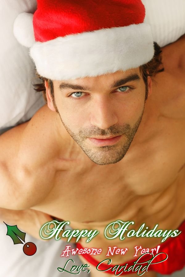 Good looking shirtless young man in Santa Claus hat and briefs in bed
